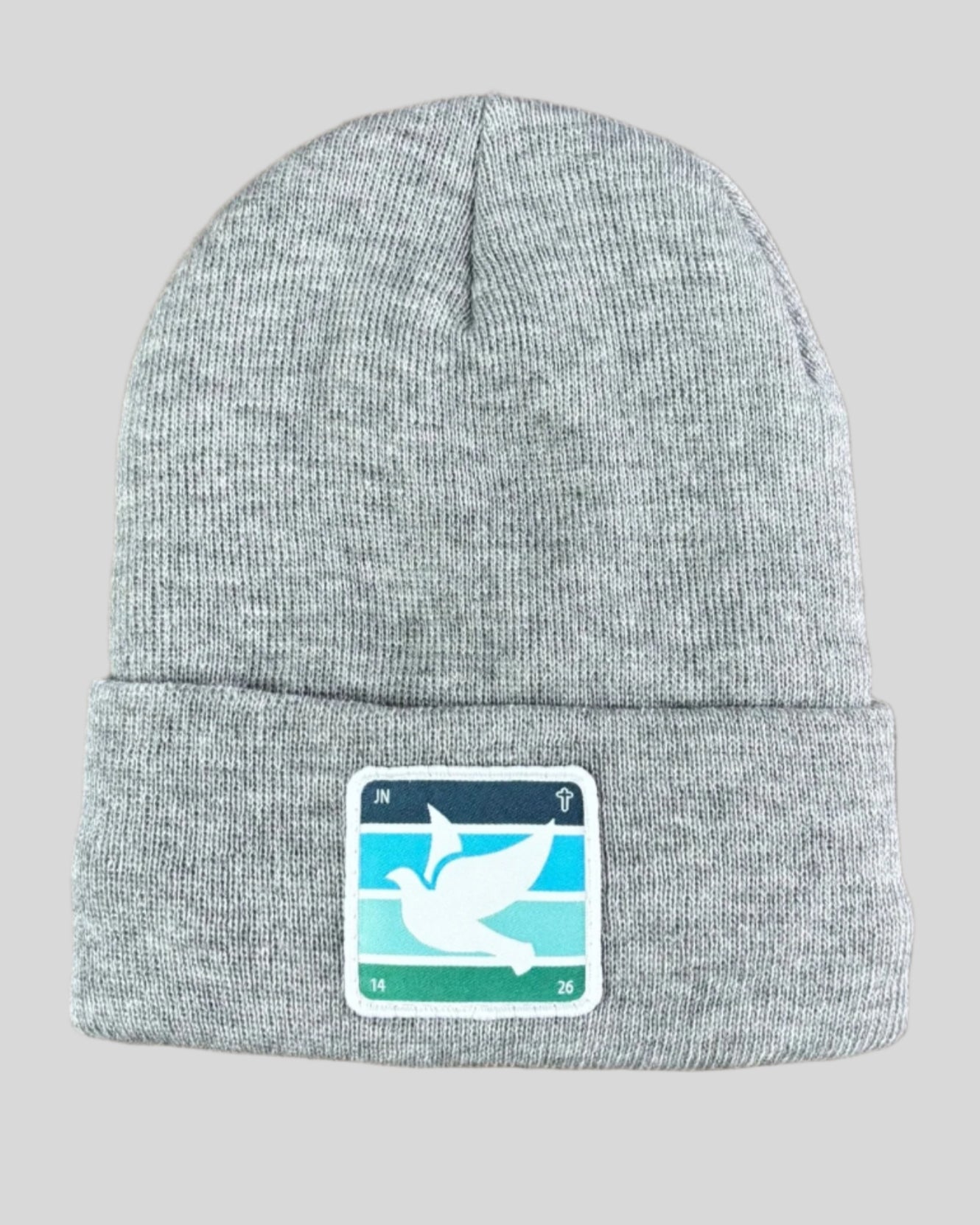 Heather gray winter hat with holy spirit dove patch