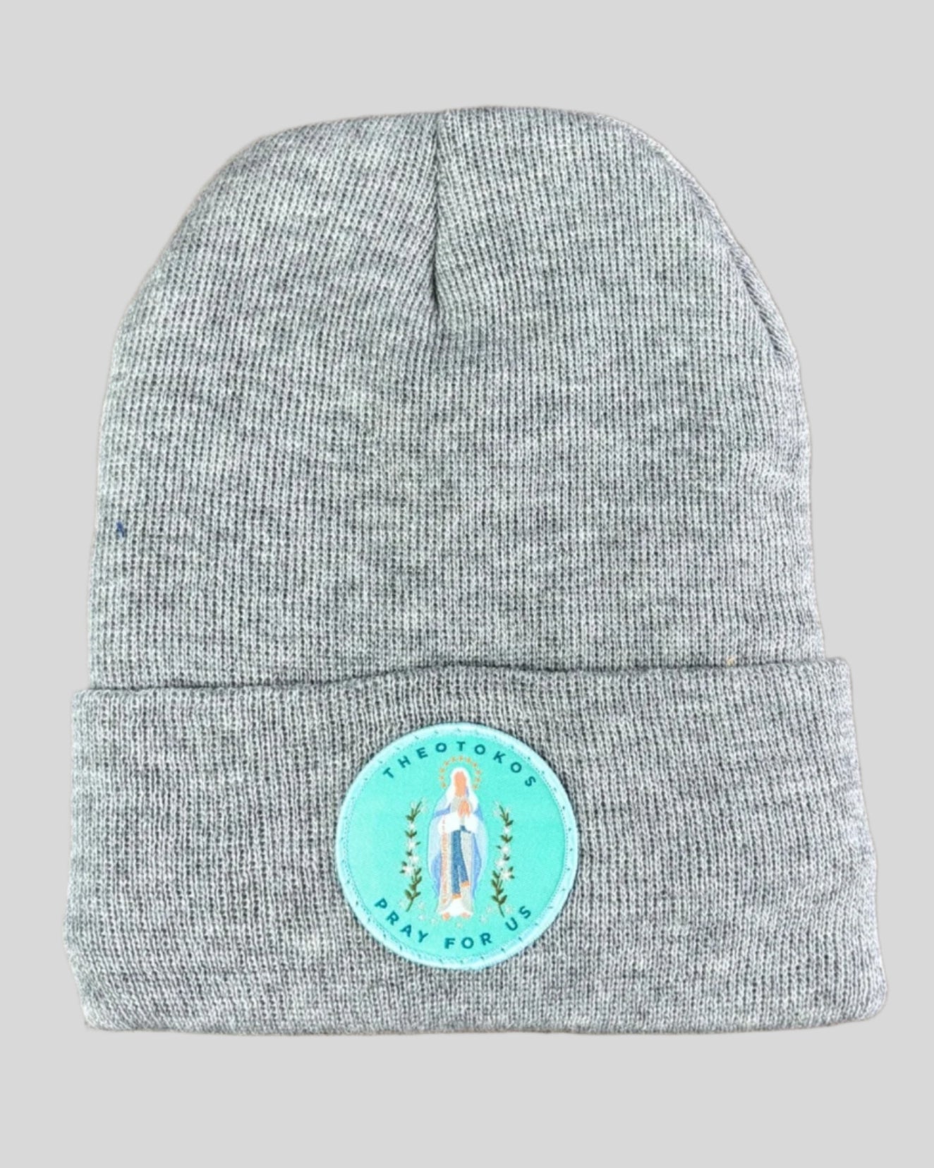 Heather gray winter hat with a Theotokos patch