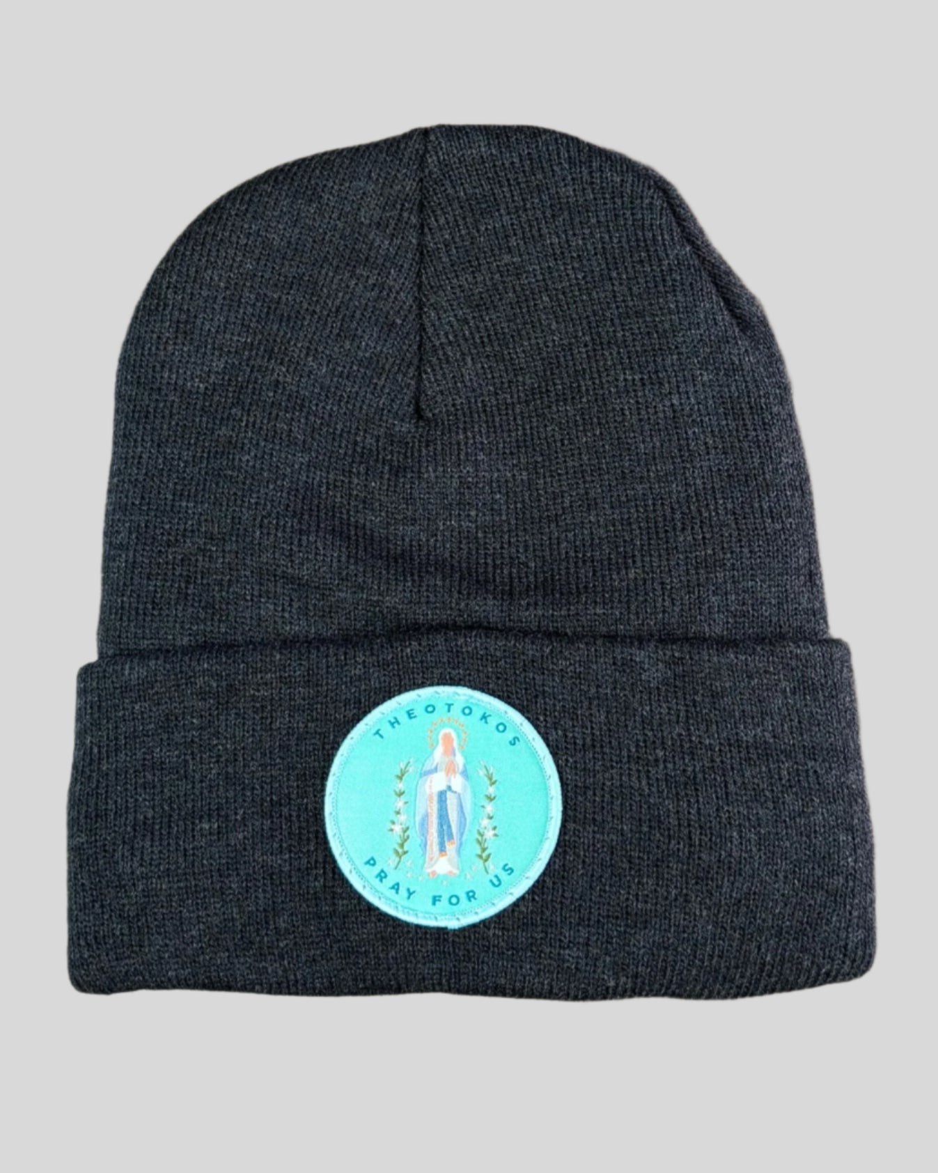 Heather charcoal winter hat with a Theotokos patch