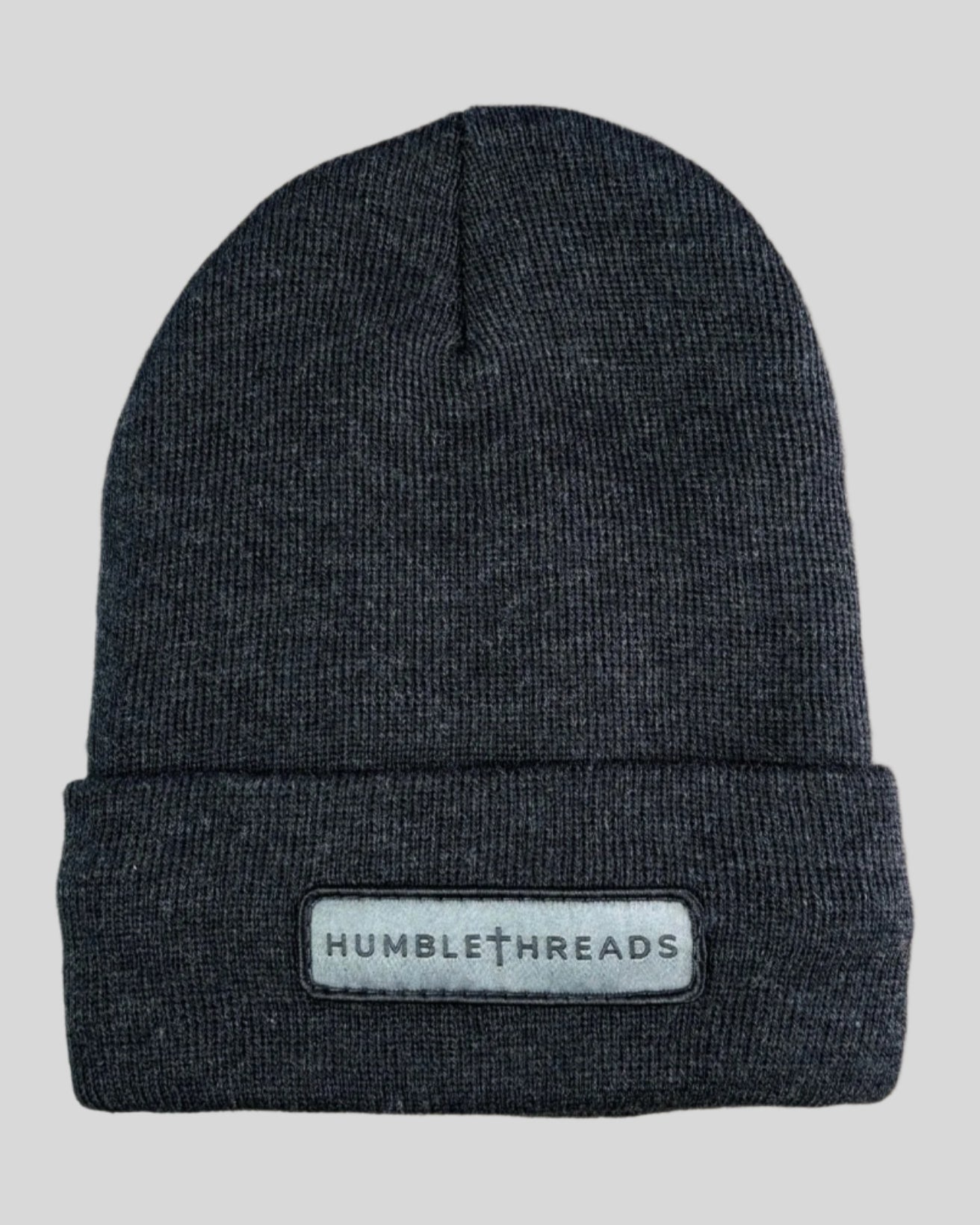 Heather charcoal winter hat with a humble threads patch