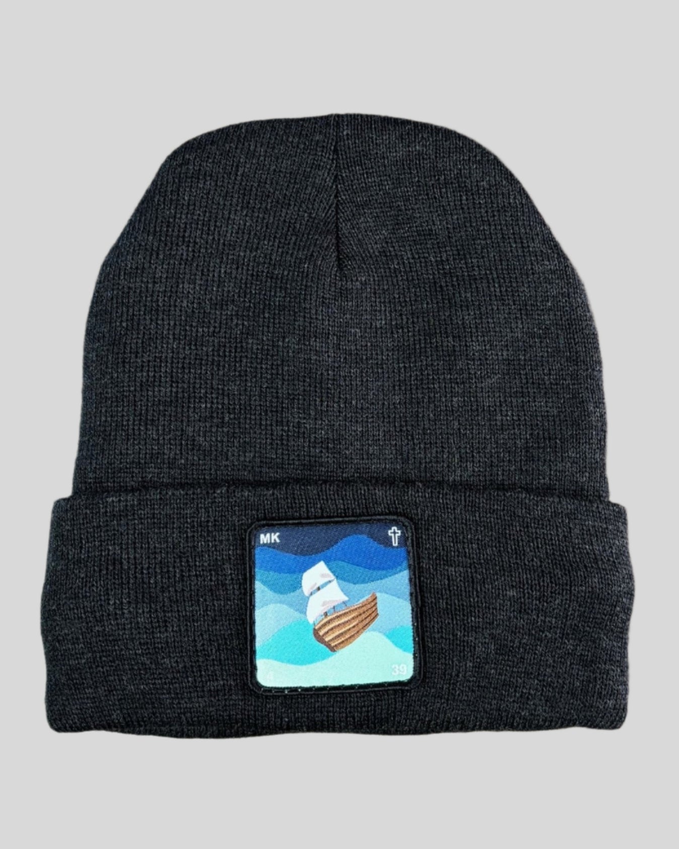 Heather Charcoal winter hat with Jesus calms a storm patch