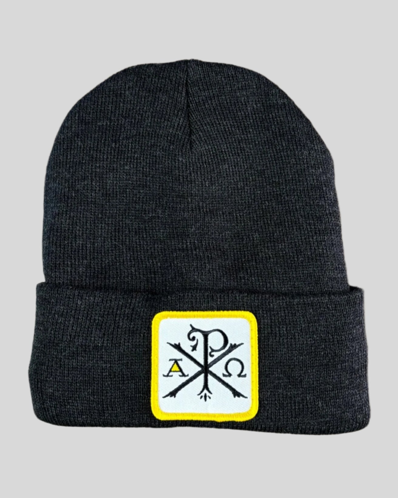 Heather Charcoal winter hat with a chi-rho patch