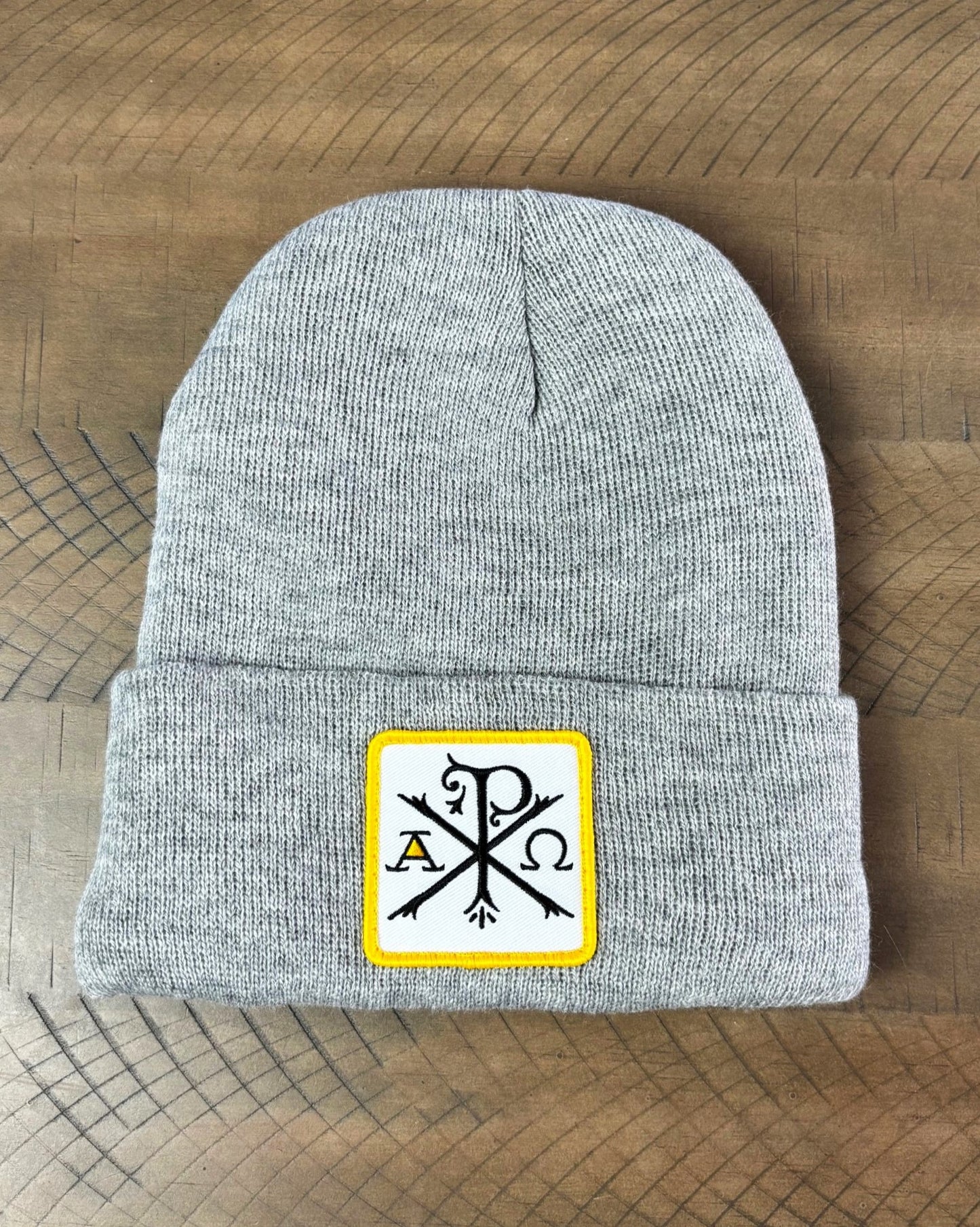 Heather Gray winter hat with a chi-rho Patch