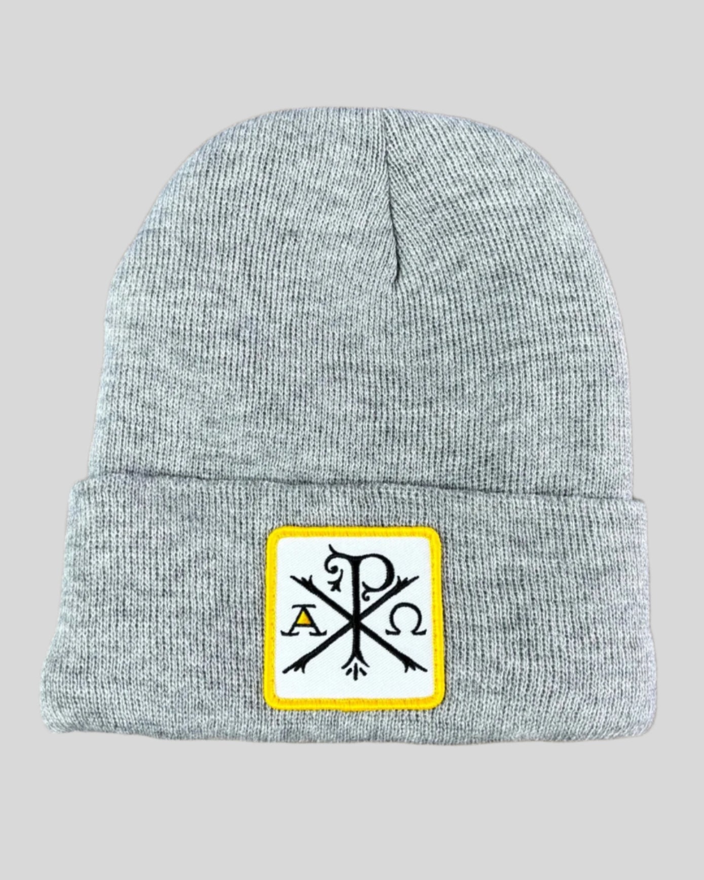 Heather Gray winter hat with a chi-rho Patch