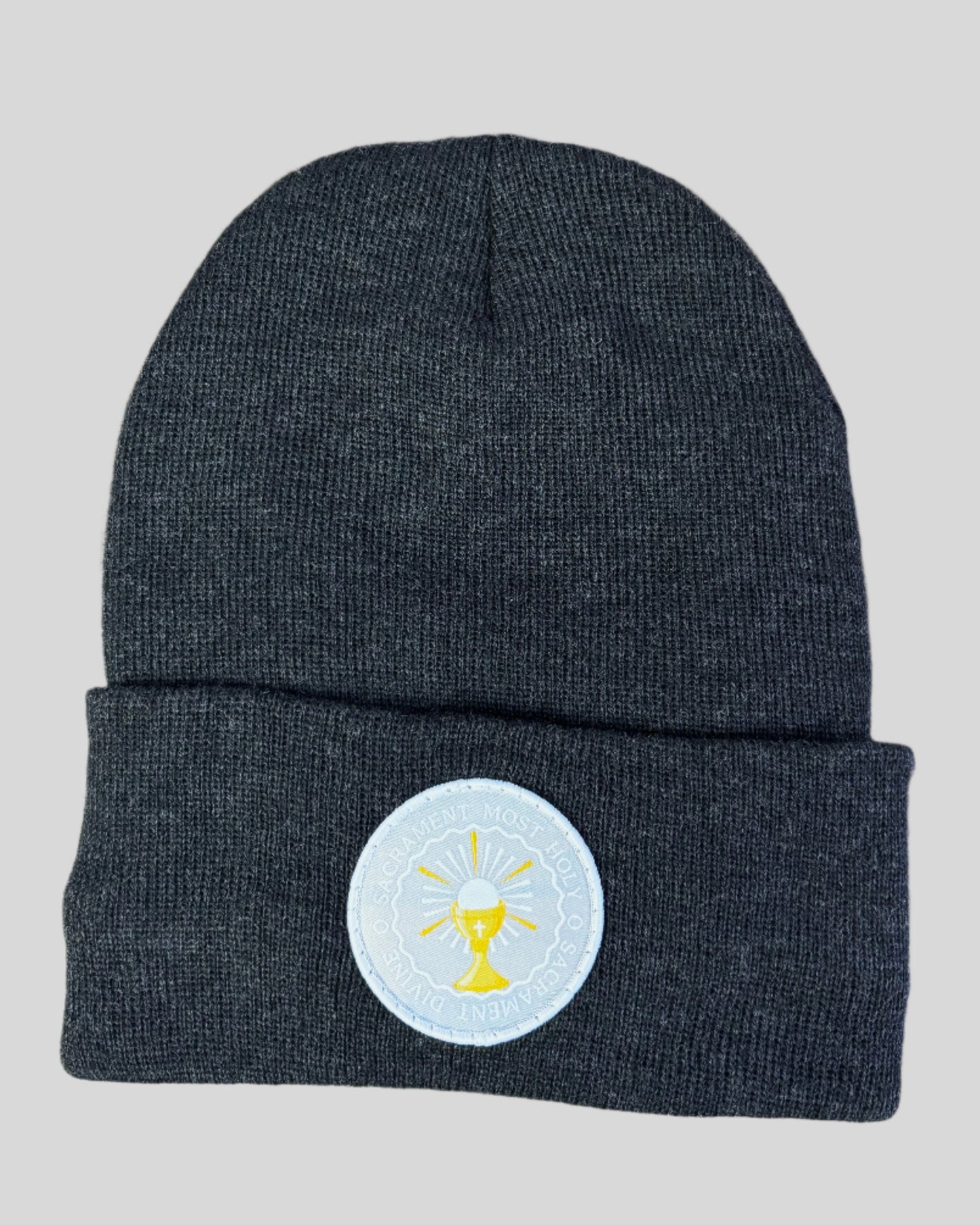 Heather charcoal winter hat with an o sacrament patch