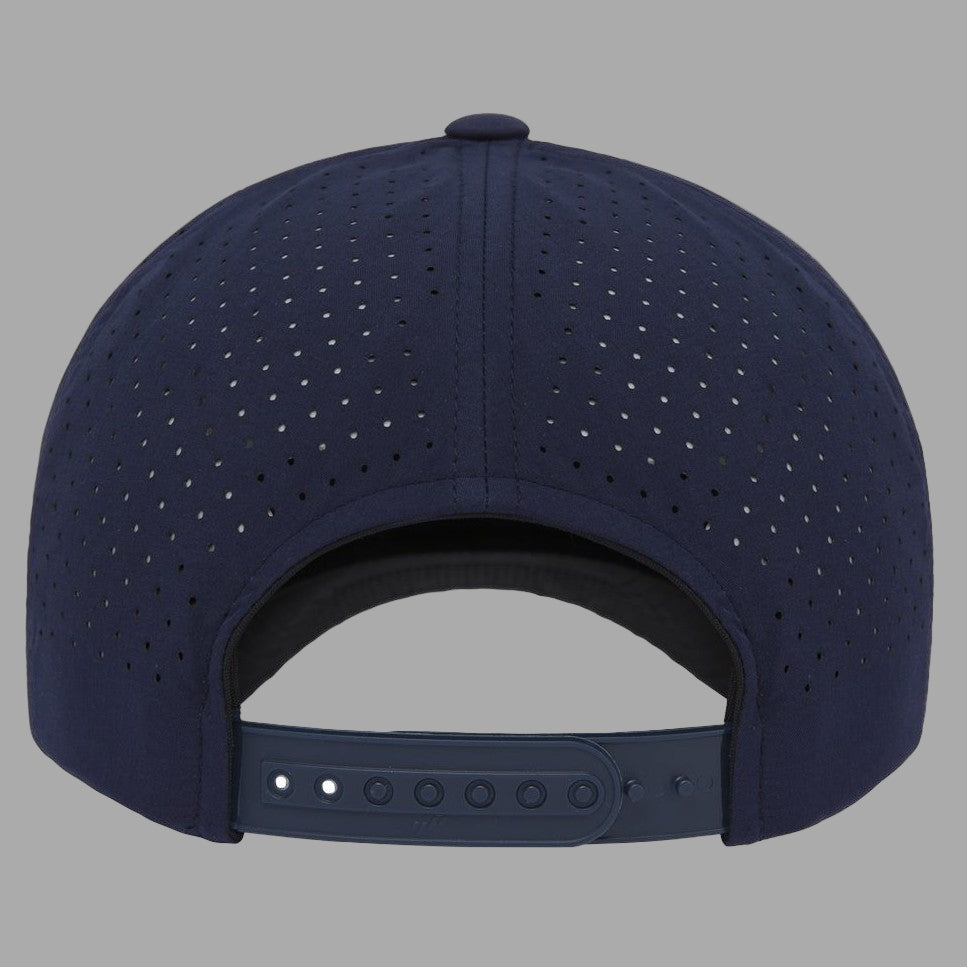 Navy blue baseball cap with perforated design on a white background