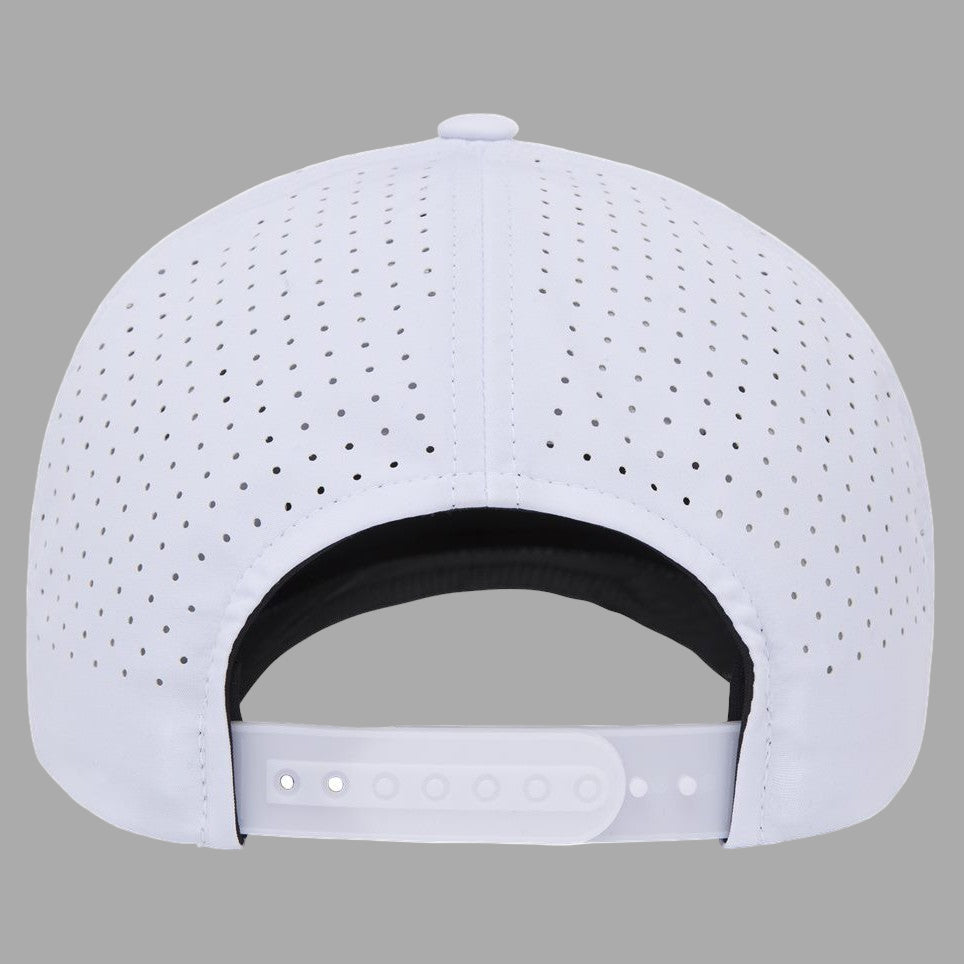 White baseball cap with black interior and strap on a white background