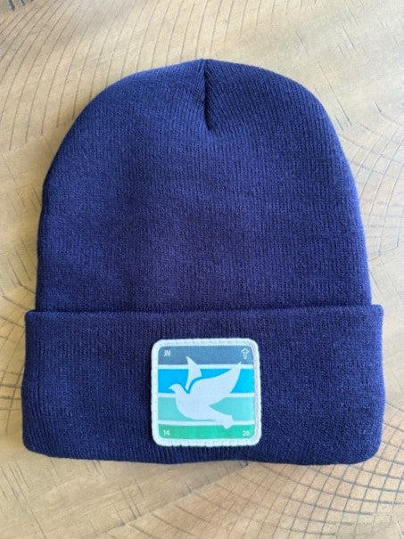 Blue winter hat with holy spirit dove patch
