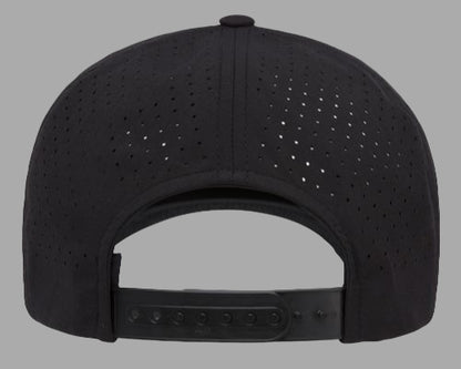 Black baseball cap with perforated design on a white background