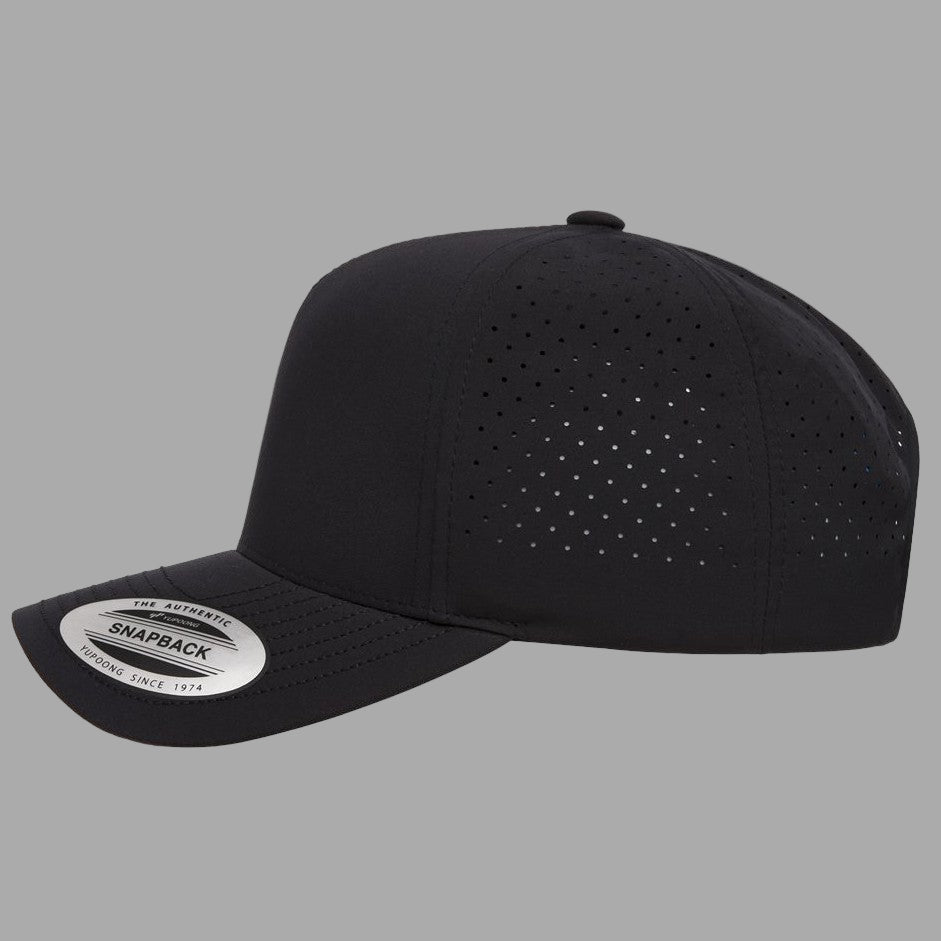 Black baseball cap with perforated design on a white background