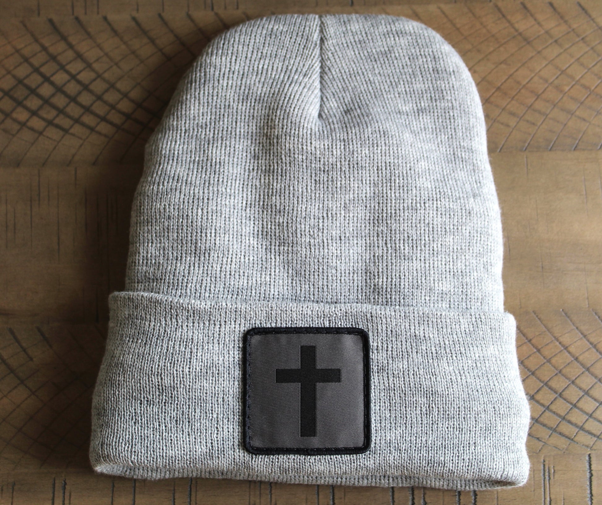 Heather gray winter hat with humble threads cross patch