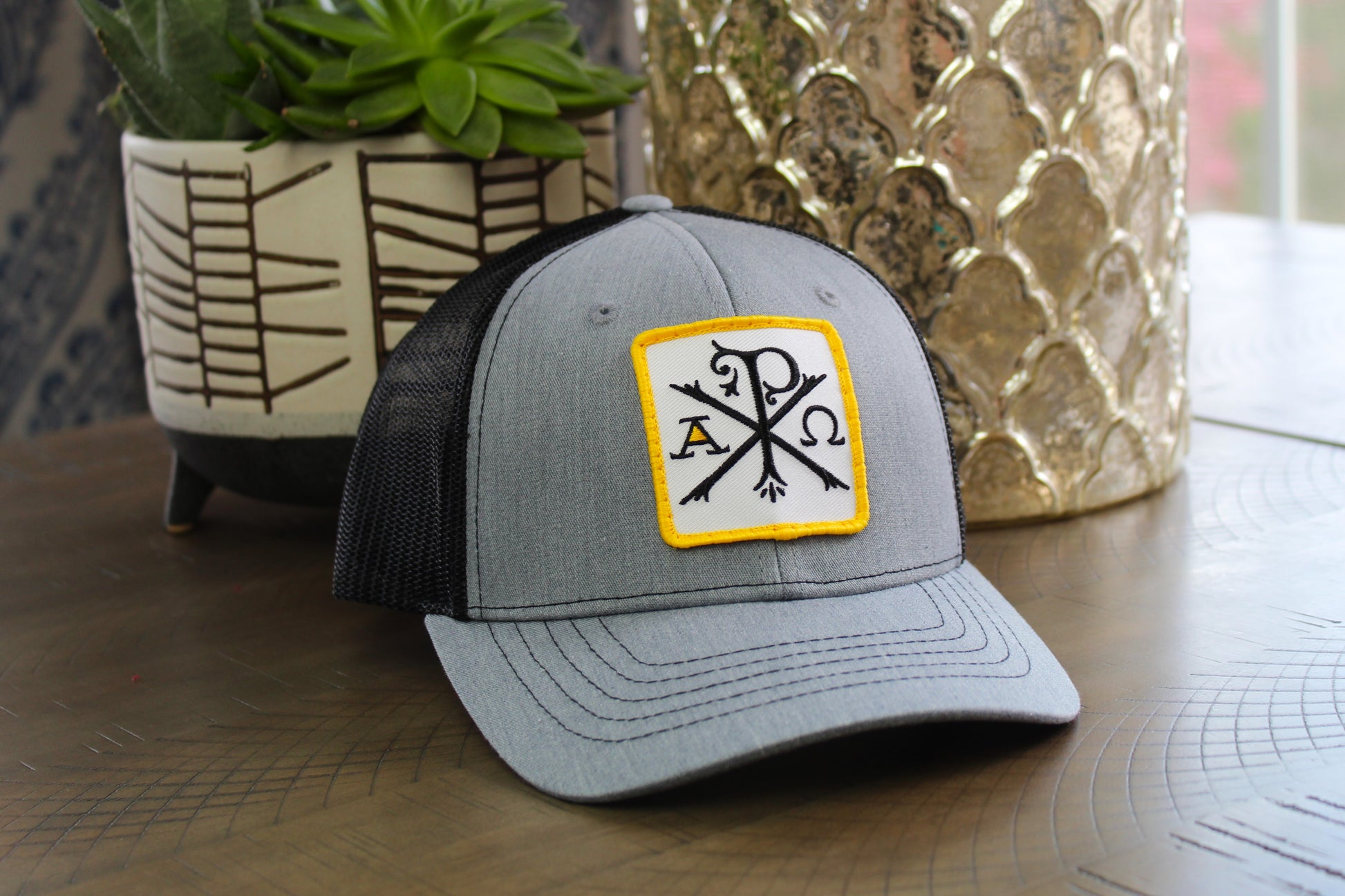 Heather gray black youth hat with Chi-Rho patch