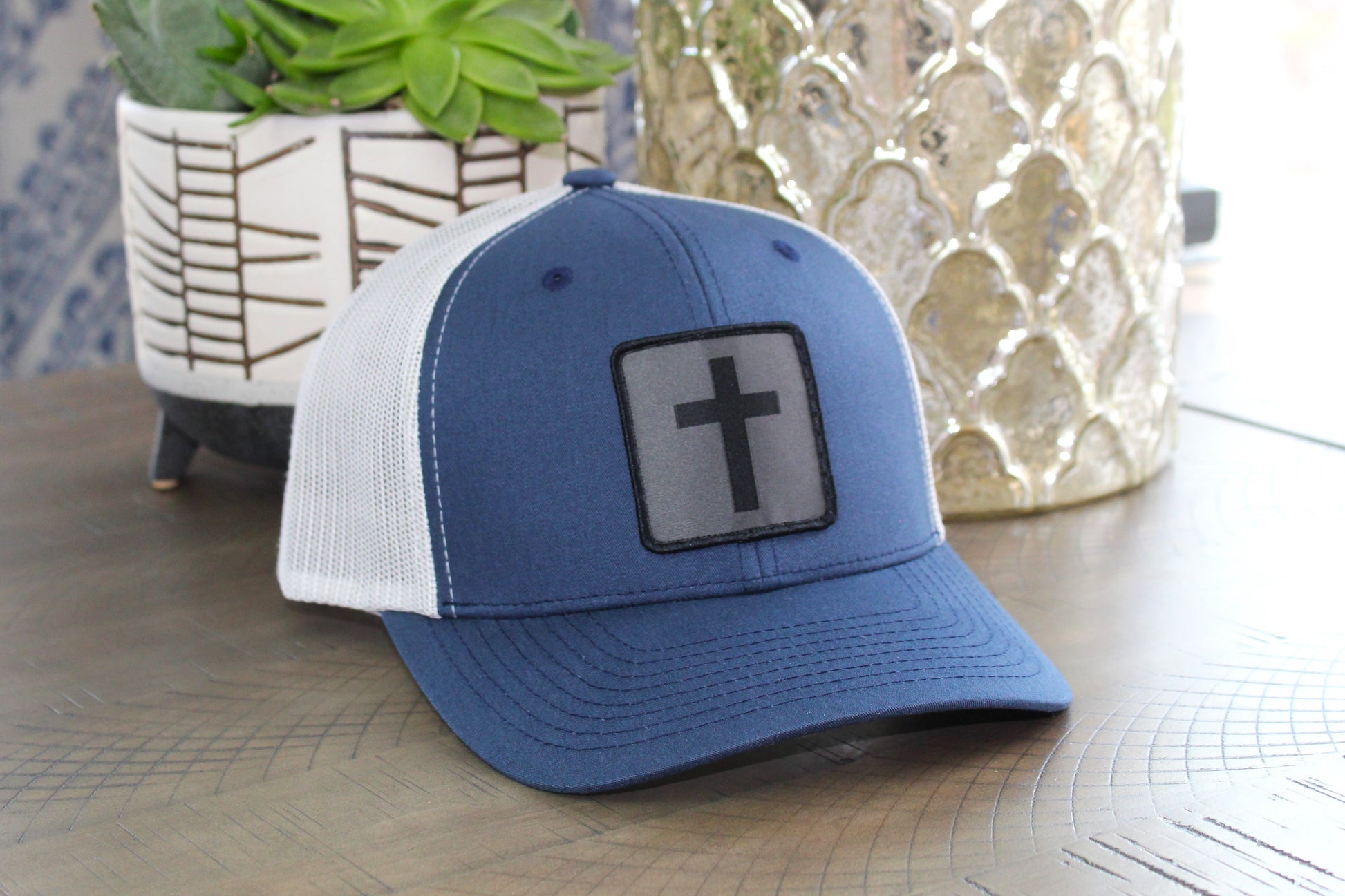 Navy/White snapback with a humble threads cross patch