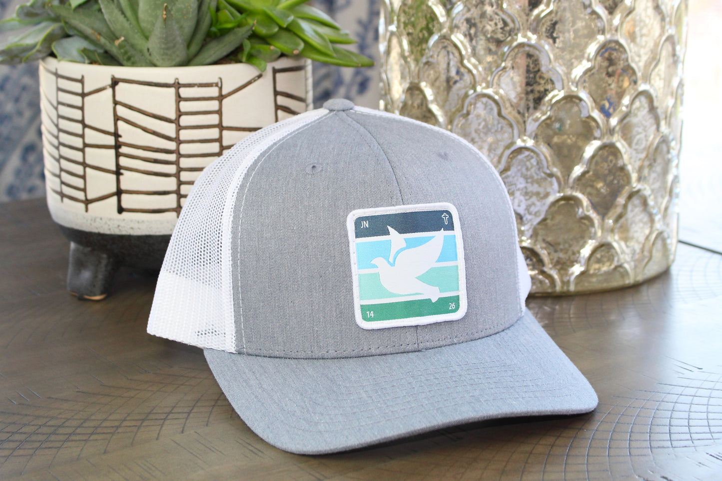 Heather gray/white snapback with holy spirit dove patch