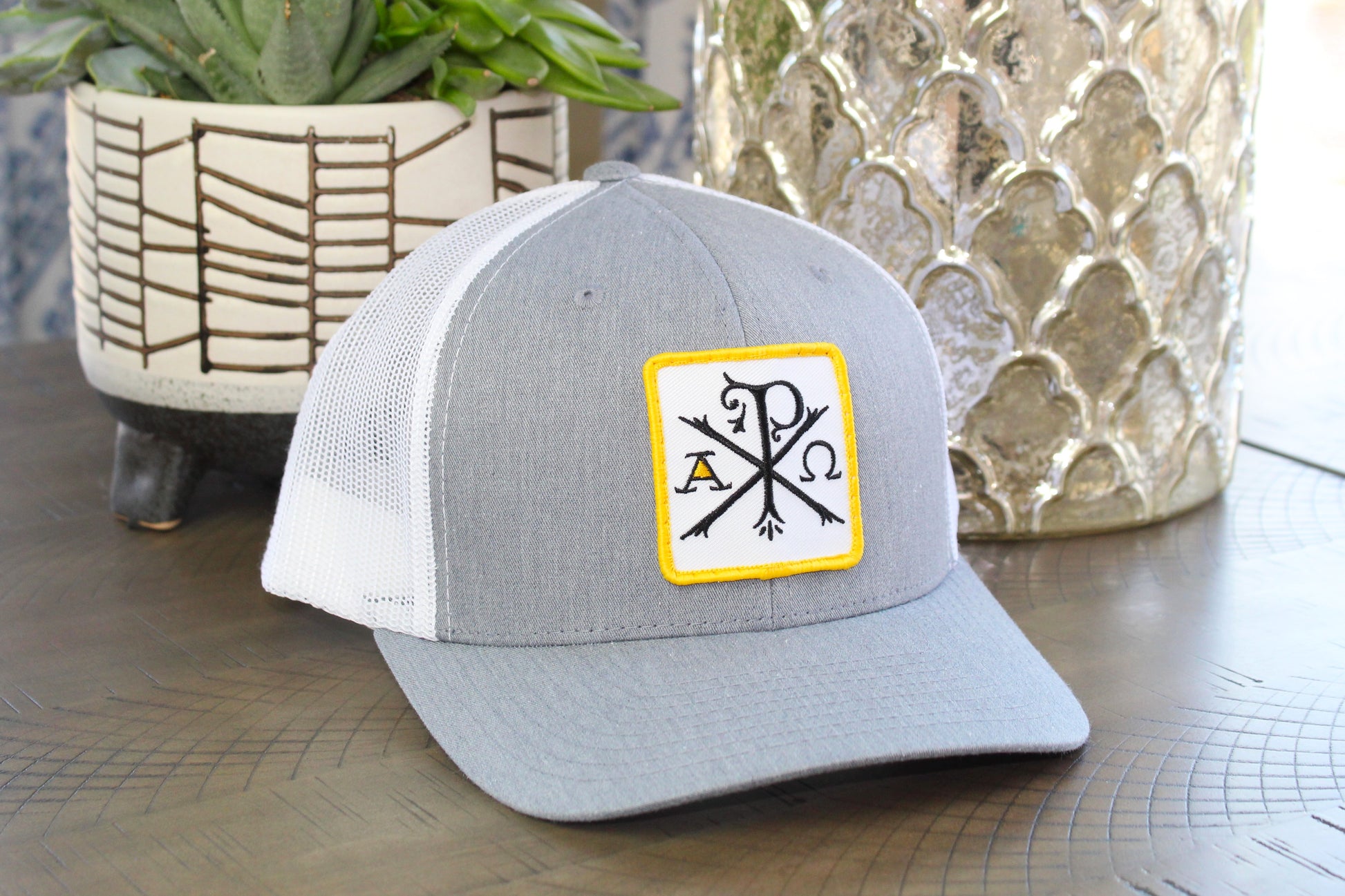 Heather Gray White Snapback with a Chi-Rho patch