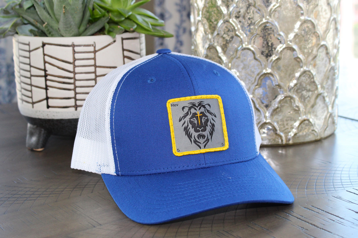 Royal/White Snapback with a lion patch