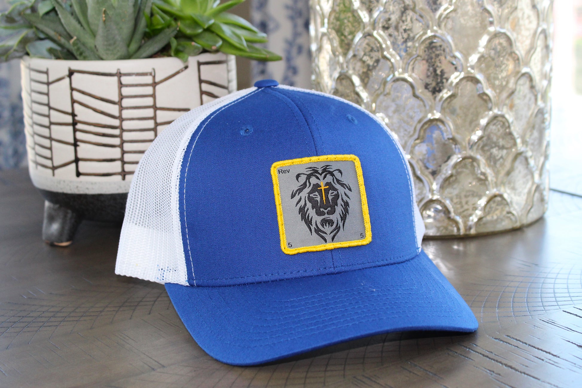 Royal/White Snapback with a lion patch