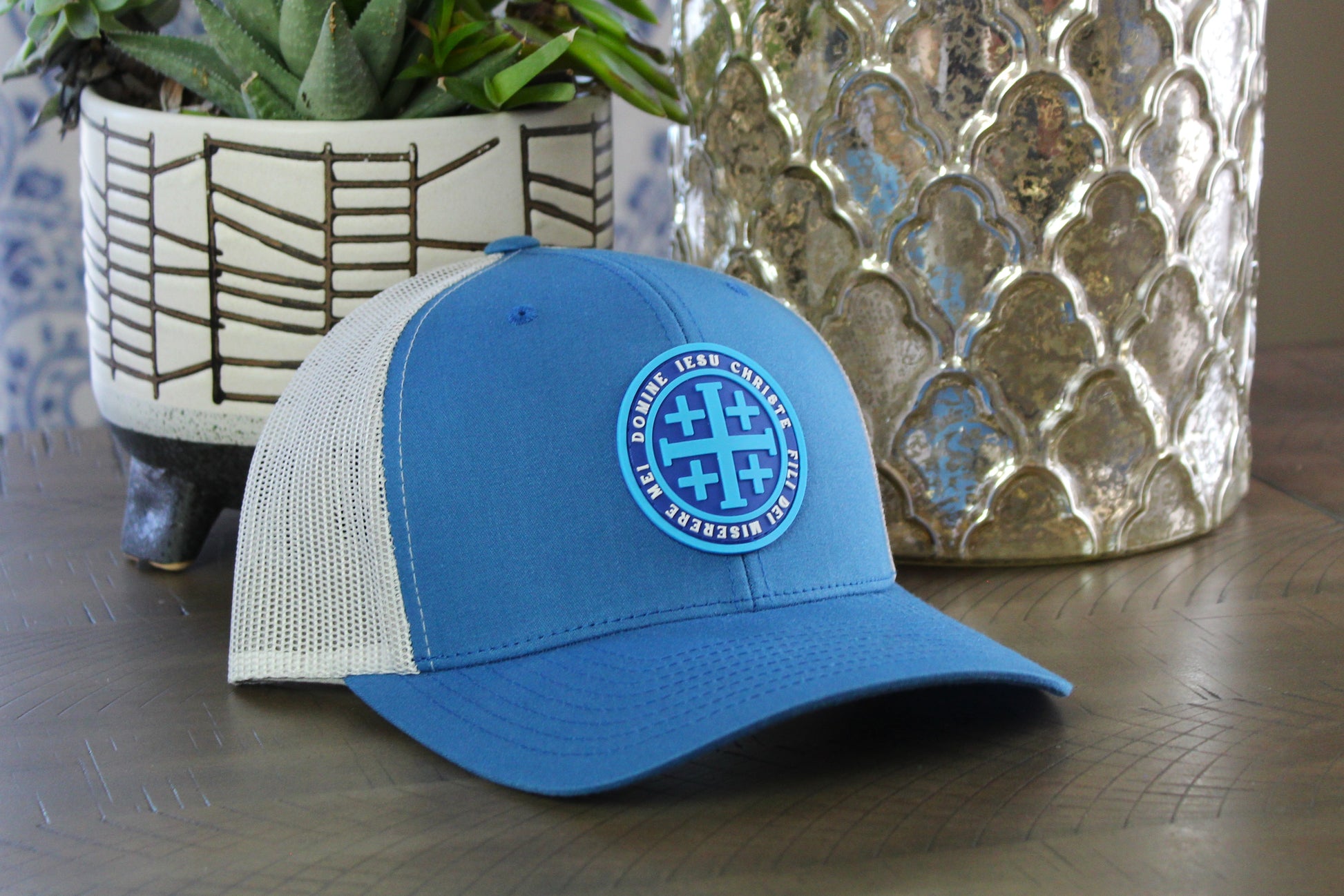 Steel Blue and silver snapback with a Blue Jerusalem Cross patch