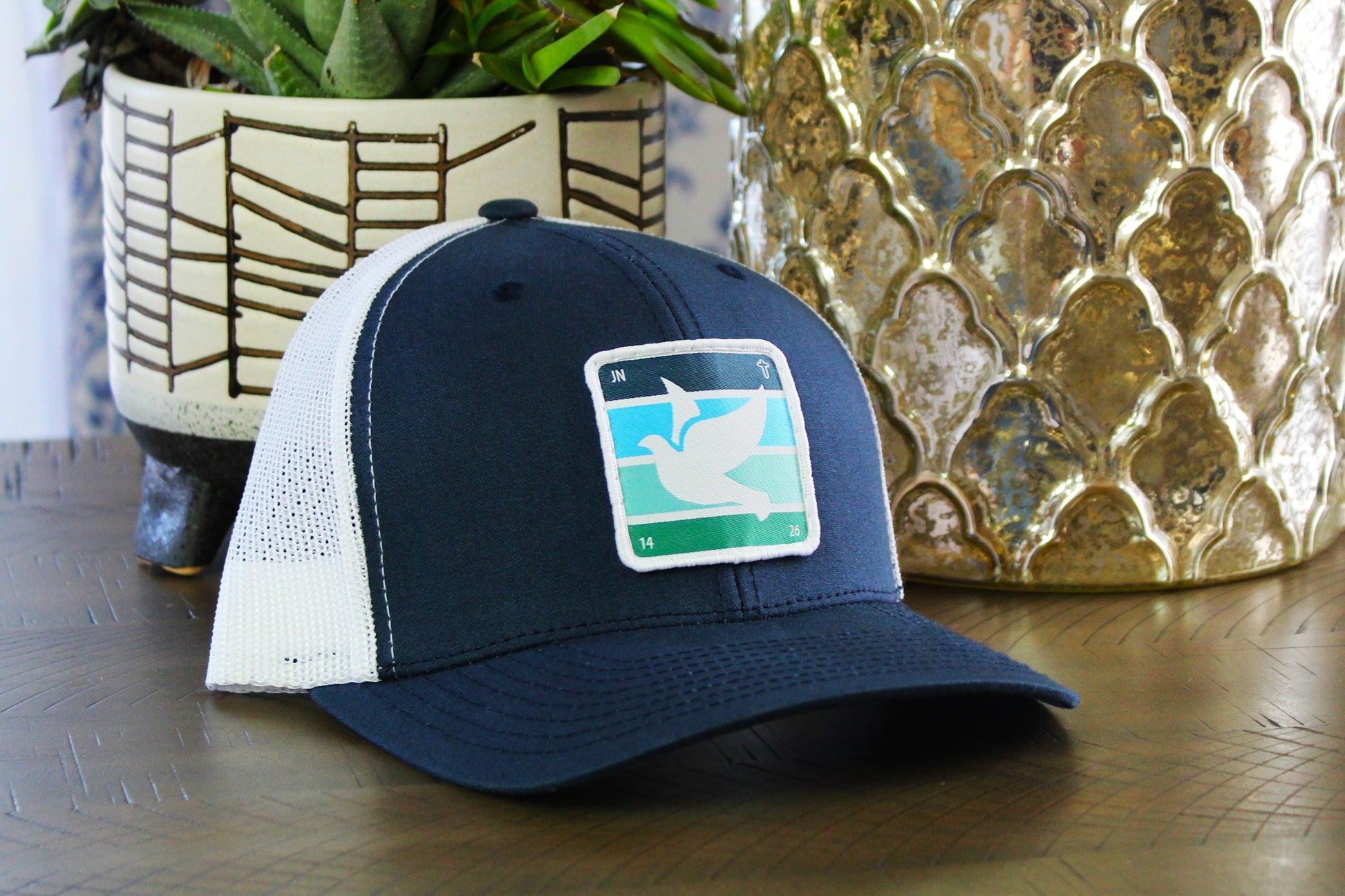 Navy/White snapback with holy spirit dove patch