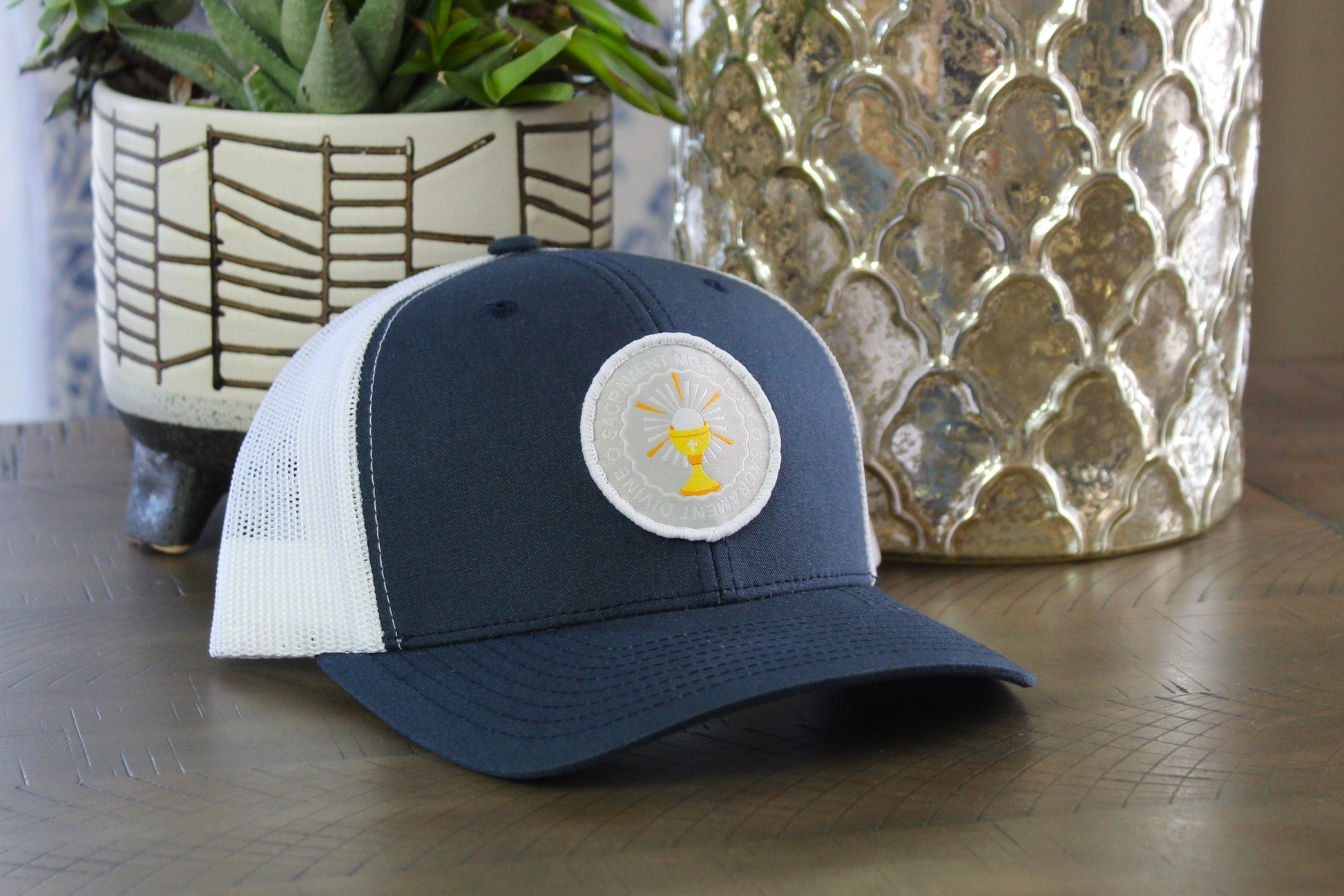 Navy/White Snapback with a O Sacrament Patch