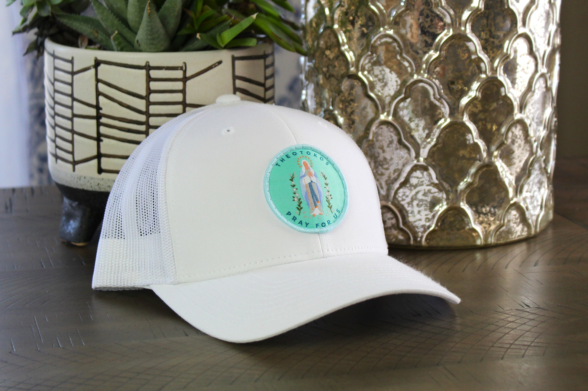 White Snapback with a Theotokos Patch