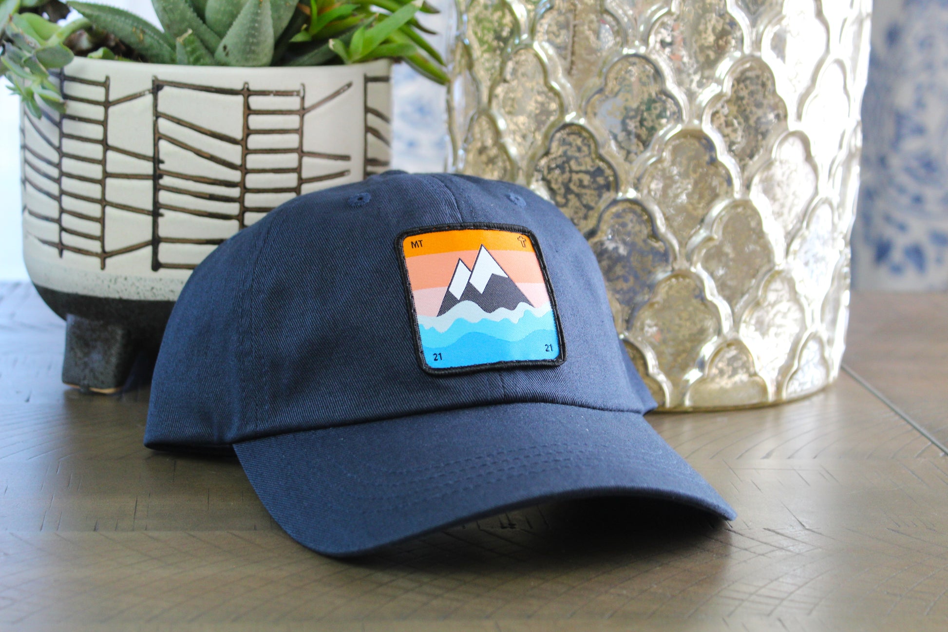 Navy adjustable hat with a faith to move a mountain patch