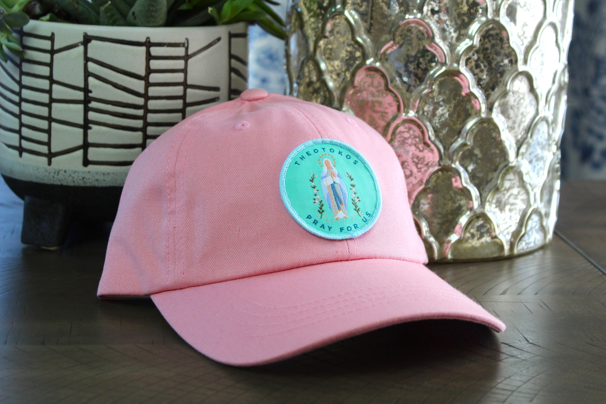 Pink adjustable hat with a theotokos patch