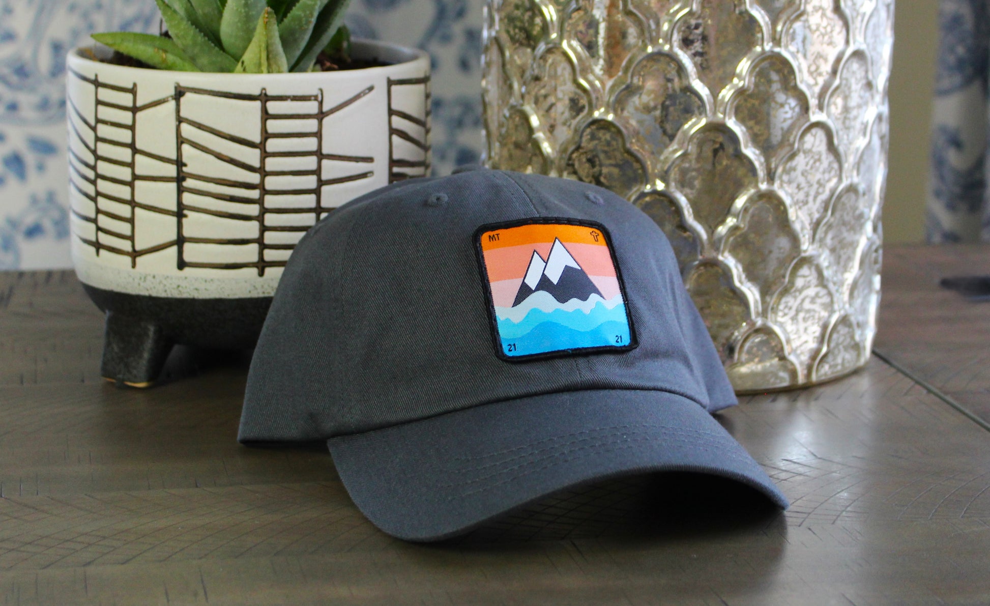 Dark gray adjustable hat with a faith to move a mountain patch