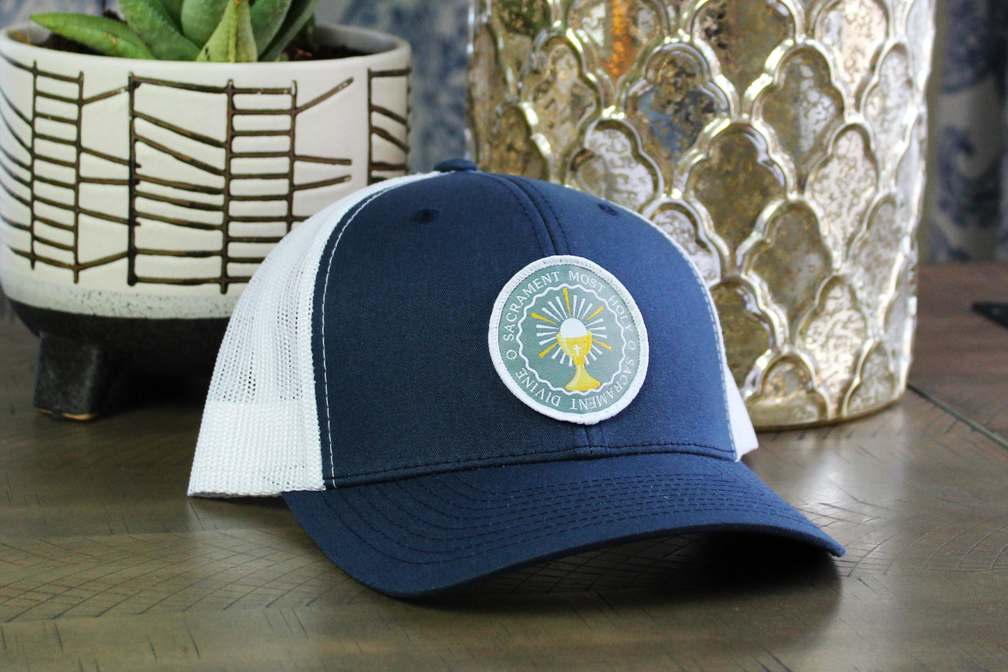 Navy/White Snapback with O Sacrament Patch