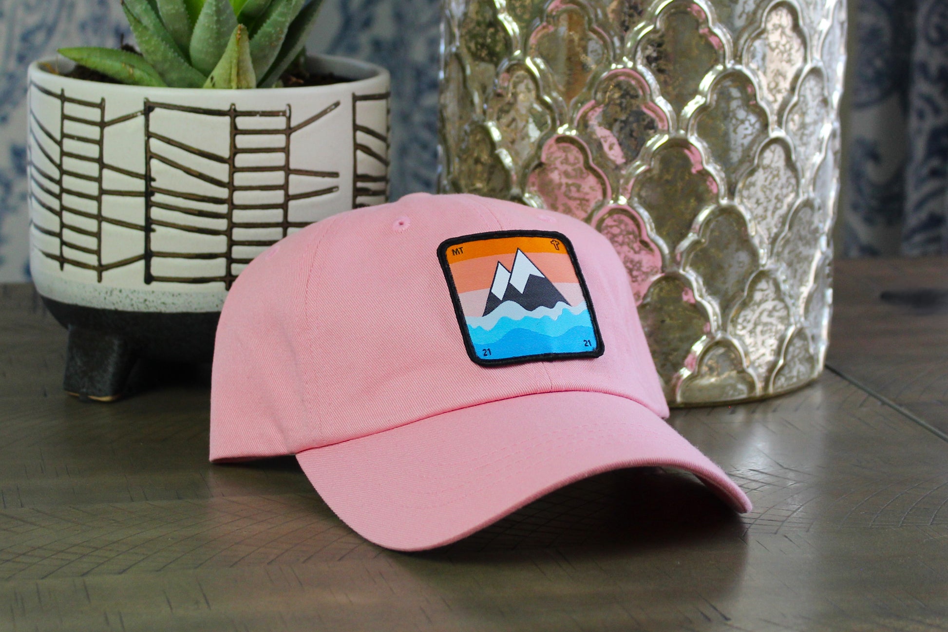 Pink adjustable hat with a faith to move a mountain patch