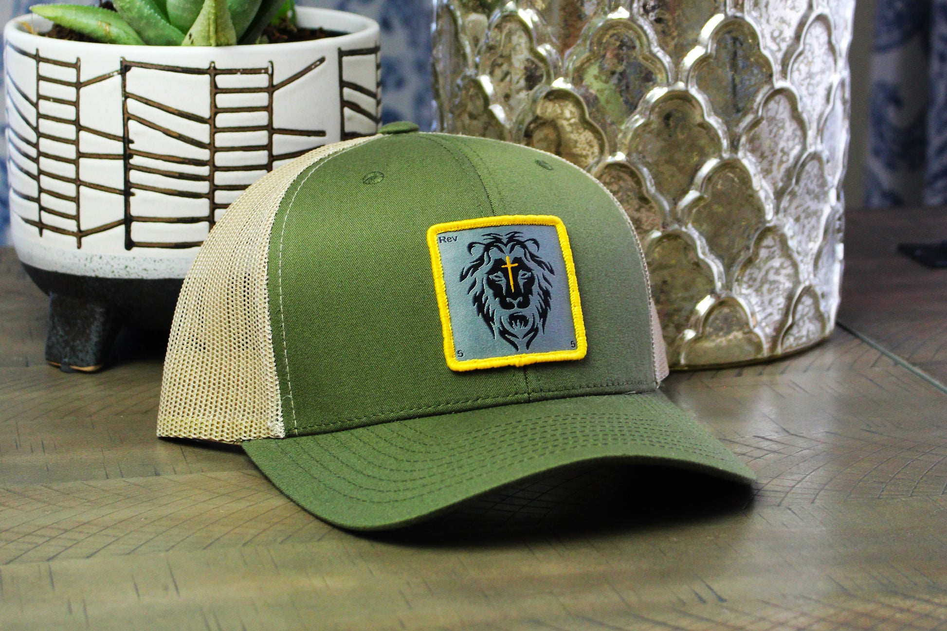 Moss/Khaki Snapback with a lion patch