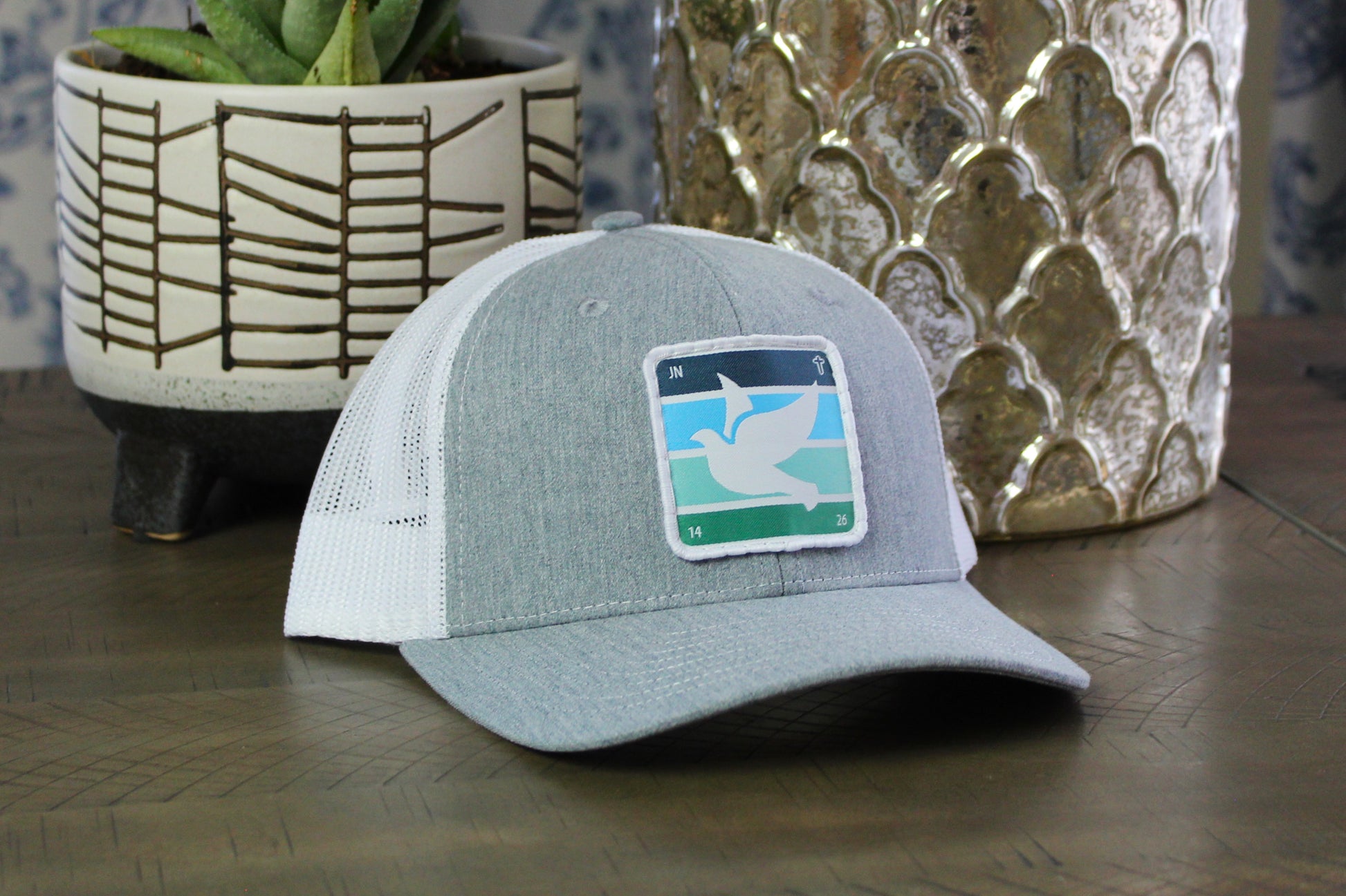 Heather gray/white youth snapback with holy spirit dove patch