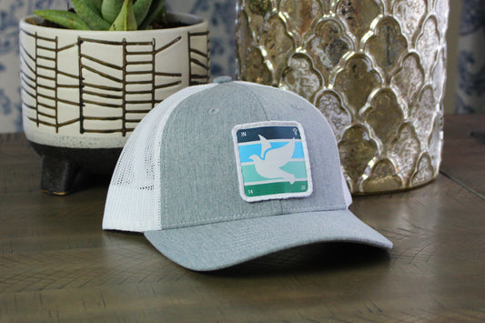 Heather gray/white youth snapback with holy spirit dove patch