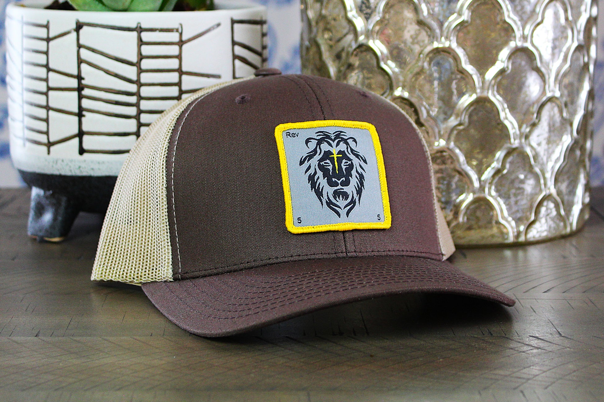 Brown/Khaki Snapback with a lion patch
