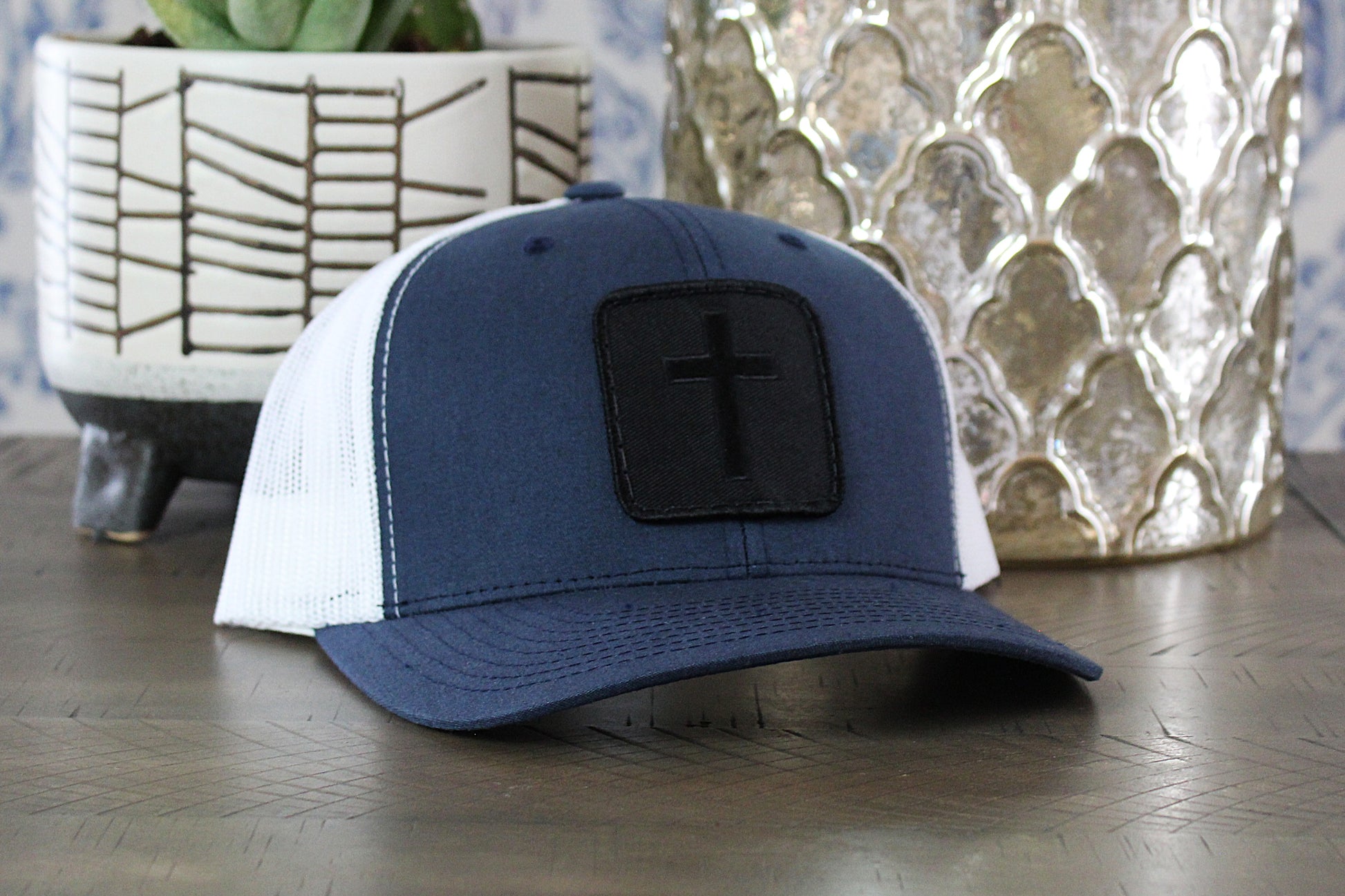 Navy/White Snapback Hat with a Blackout Cross Patch