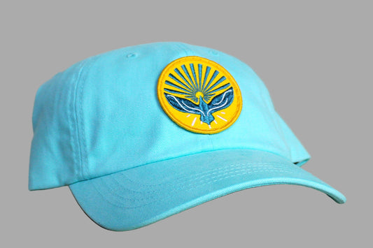 Light blue cap with a yellow and blue emblem on a wooden surface