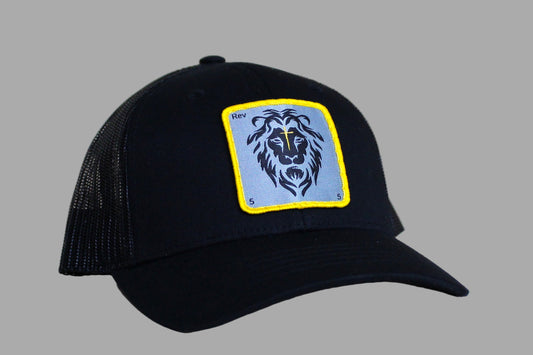 Black cap with a lion emblem on a light wooden surface