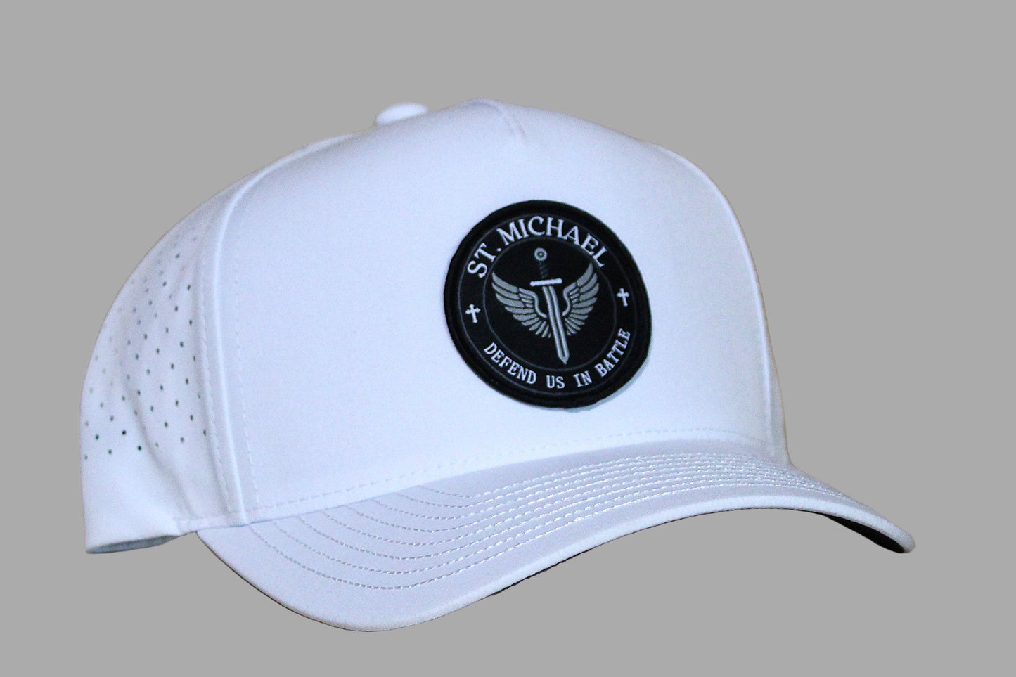 white hat with st michael patch