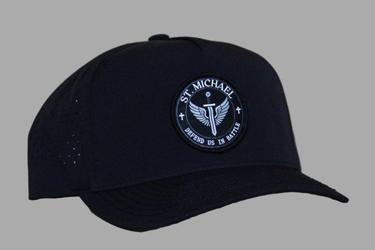 Black cap with a St. Michael logo 