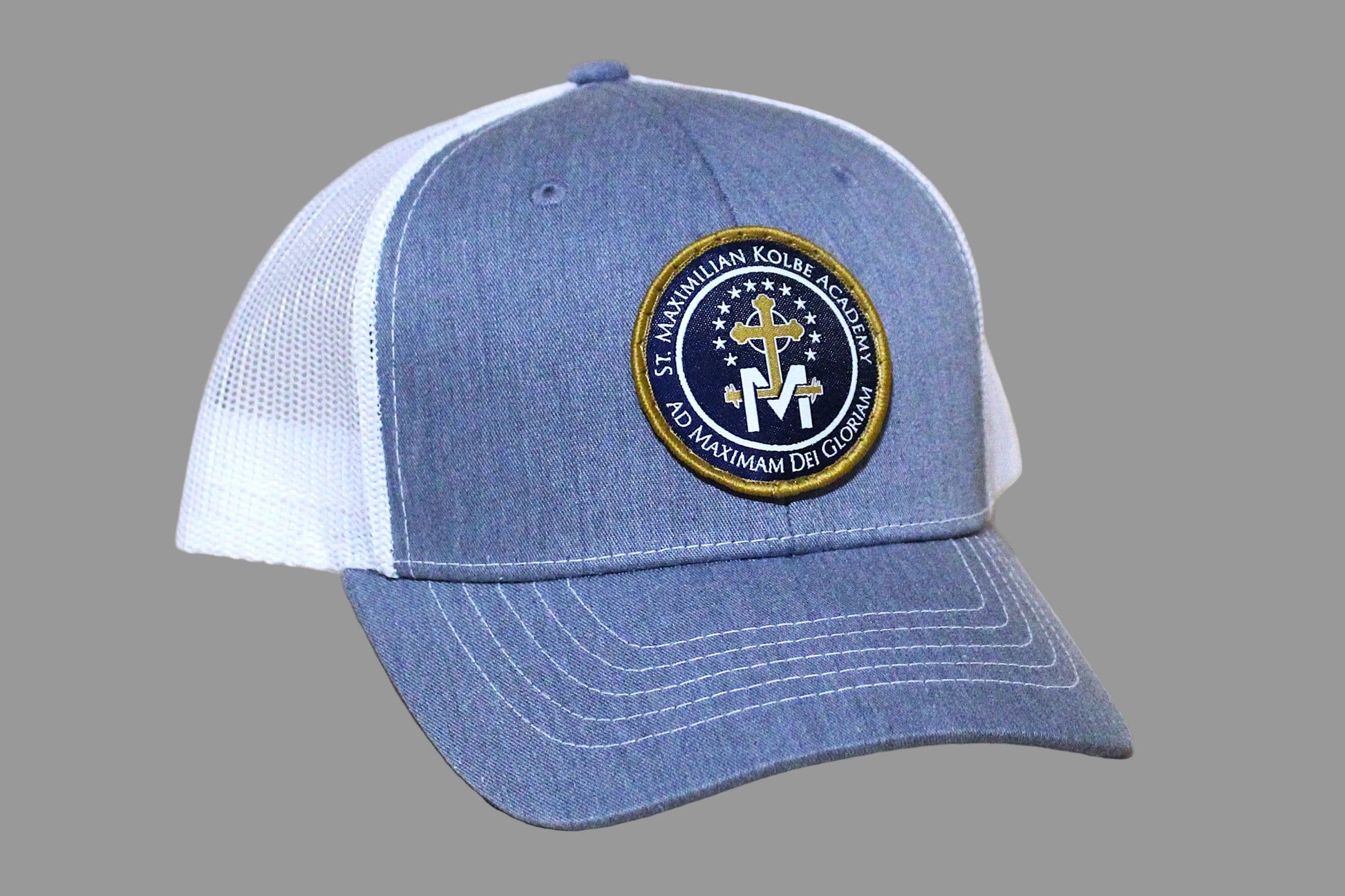Blue and white cap with a logo