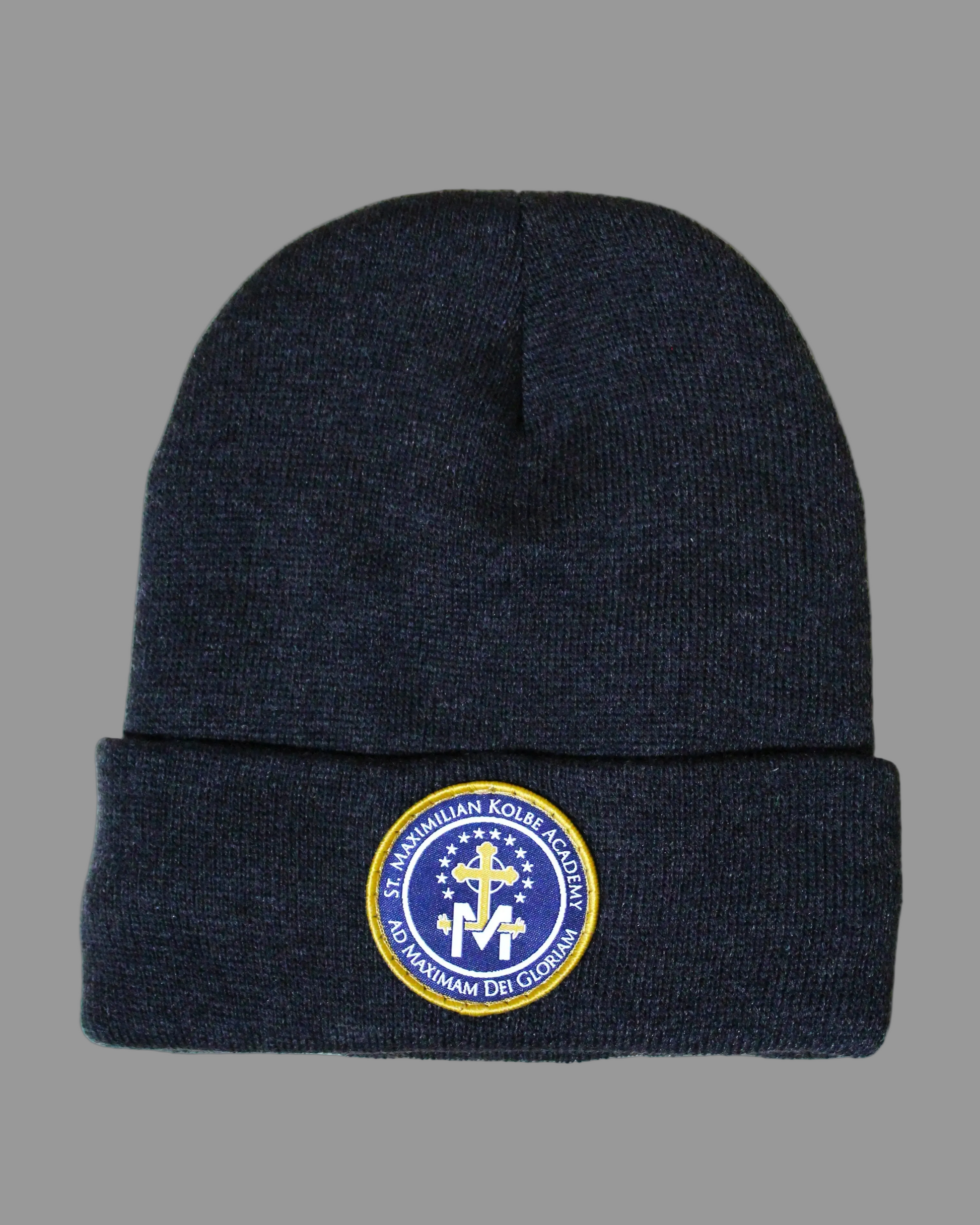 Navy blue beanie with a logo on a gray background