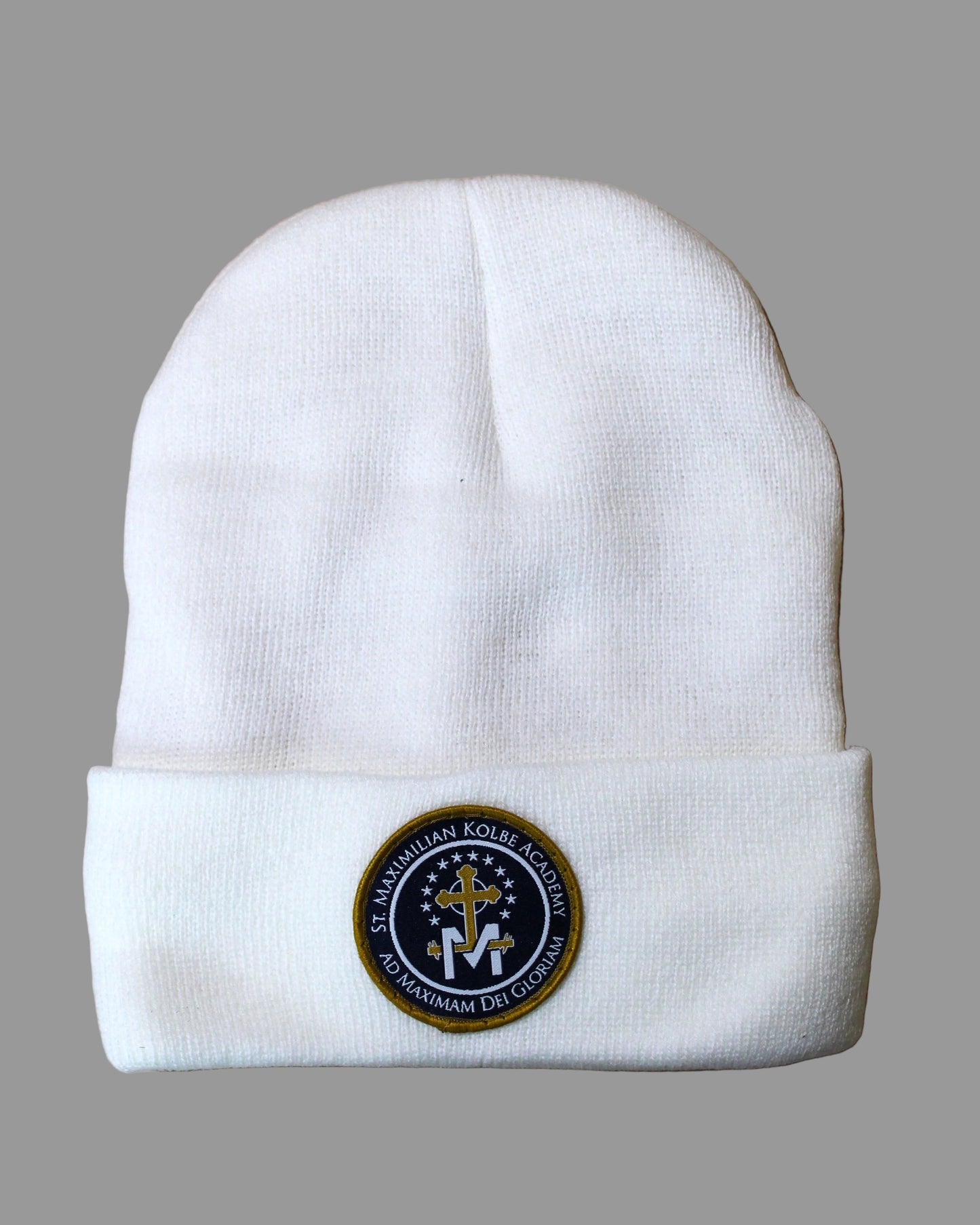 White beanie with a logo