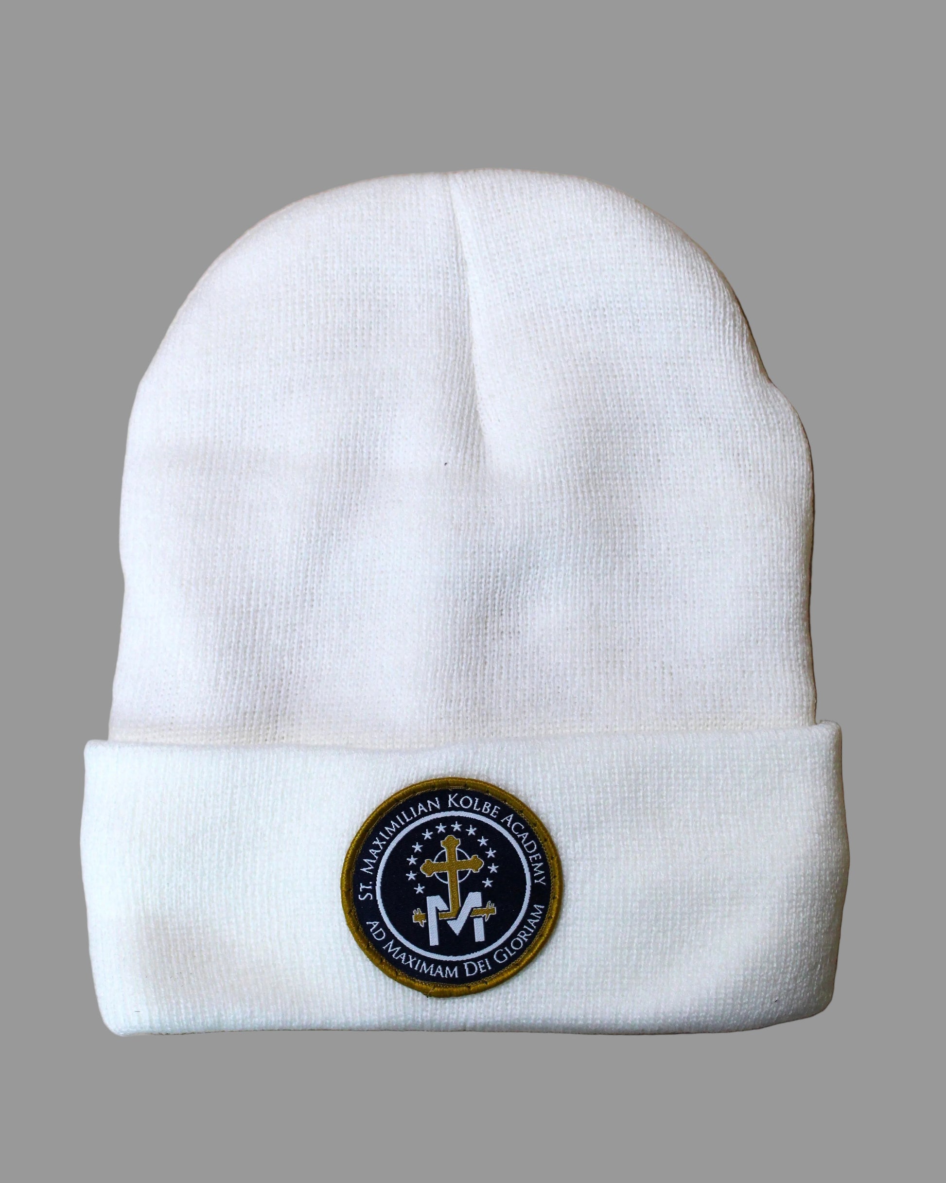 White beanie with a logo
