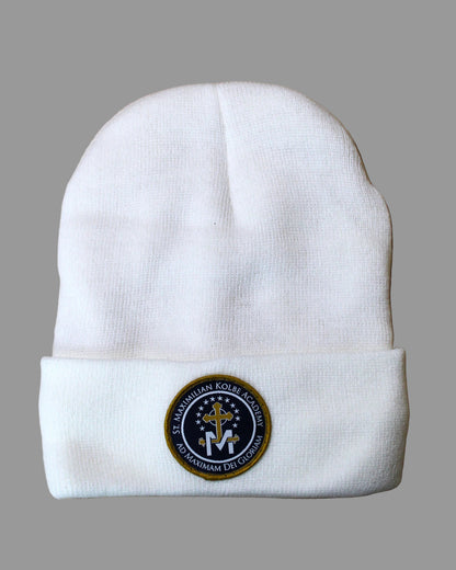White beanie with a logo