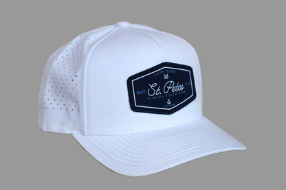 White cap with a black logo 