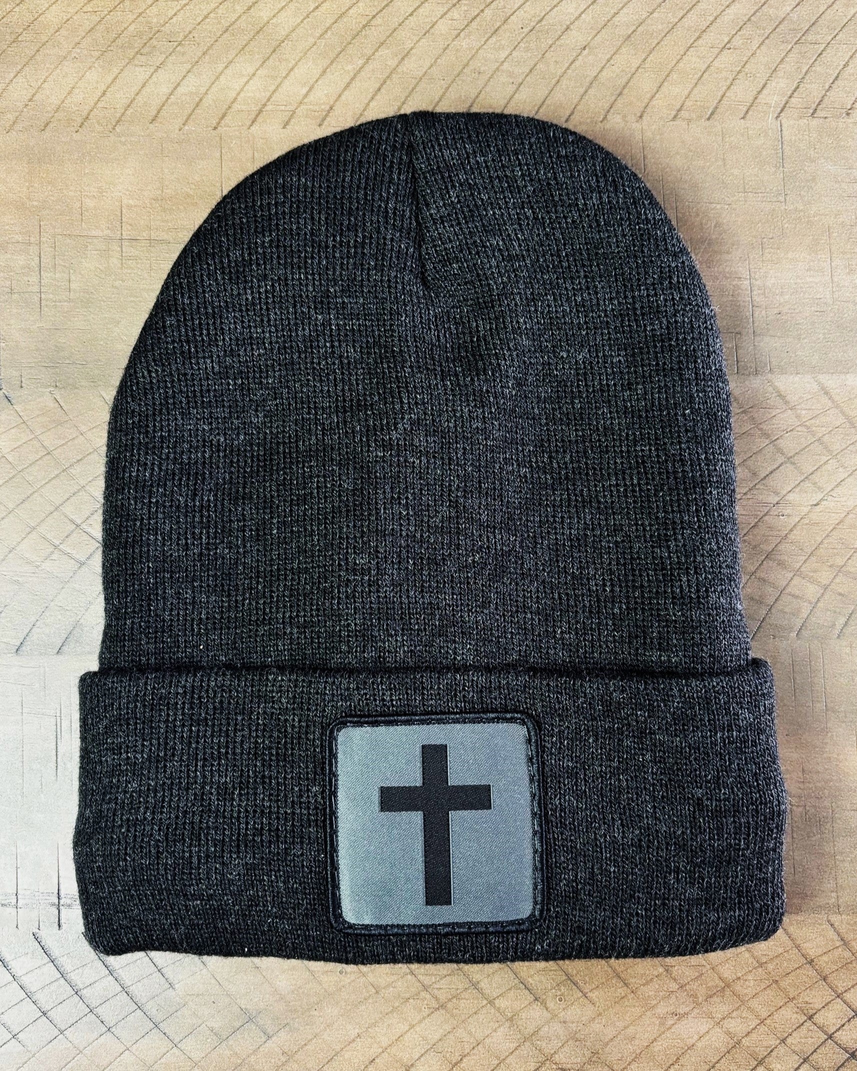 Heather charcoal winter hat with humble threads cross patch