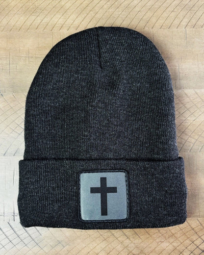 Heather charcoal winter hat with humble threads cross patch