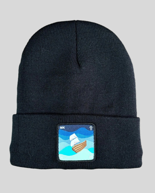 Black winter hat with Jesus calms a storm patch