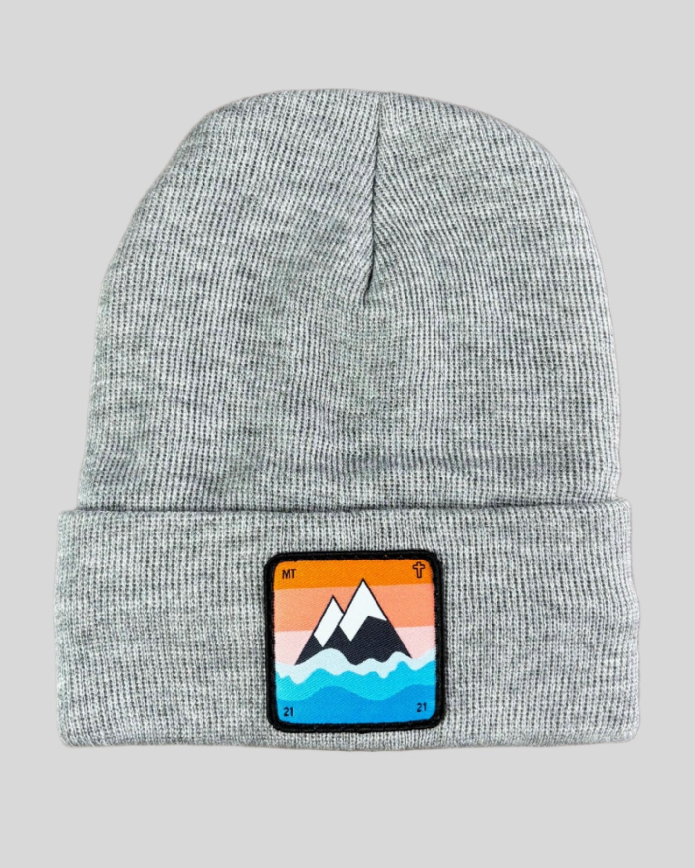 Heather Gray winter hat with a faith to move a mountain patch