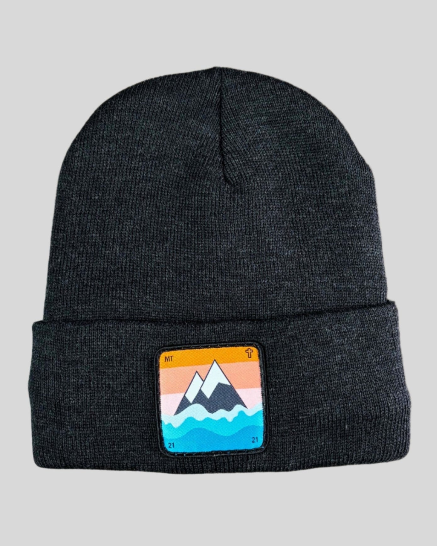 Heather Charcoal winter hat with a faith to move a mountain patch